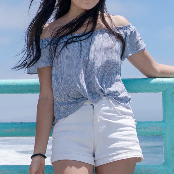 Off the shoulders blue and white striped top size s - Picture 2 of 5